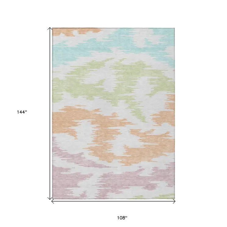 9' X 12' White Sky Blue And Artichoke Green Abstract Washable Indoor Outdoor Area Rug