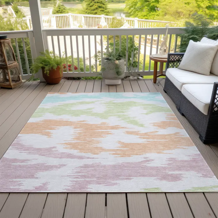 9' X 12' White Sky Blue And Artichoke Green Abstract Washable Indoor Outdoor Area Rug