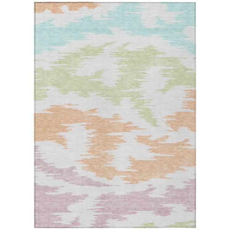 9' X 12' White Sky Blue And Artichoke Green Abstract Washable Indoor Outdoor Area Rug