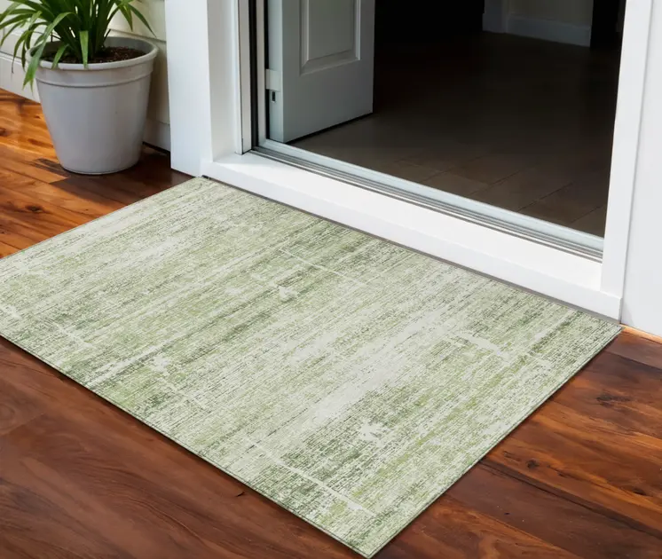 3' X 5' Artichoke Green And Ivory Abstract Washable Indoor Outdoor Area Rug