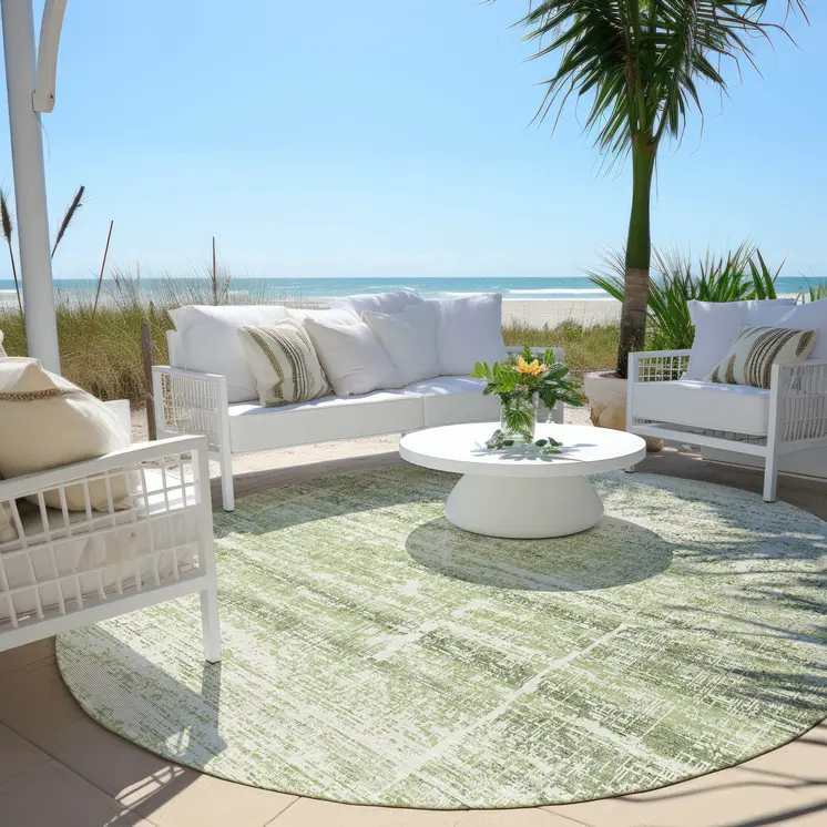 8' Artichoke Green And Ivory Round Abstract Washable Indoor Outdoor Area Rug