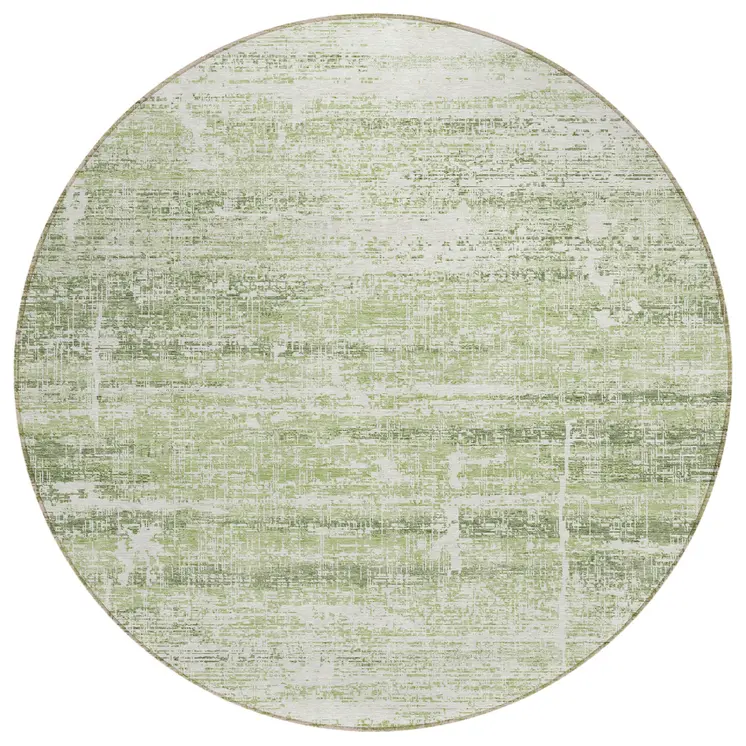 8' Artichoke Green And Ivory Round Abstract Washable Indoor Outdoor Area Rug