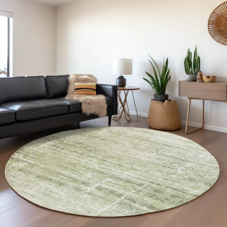 8' Artichoke Green And Ivory Round Abstract Washable Indoor Outdoor Area Rug