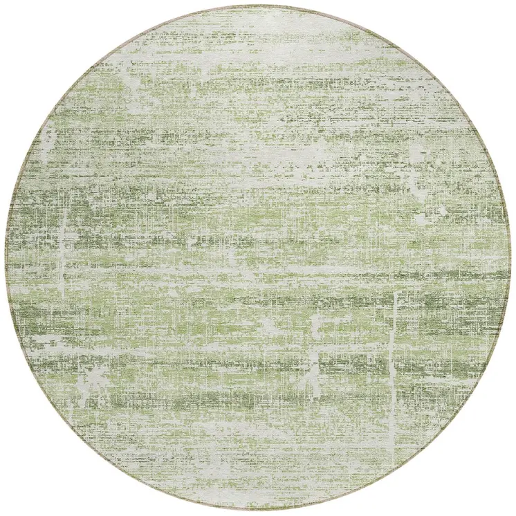 8' Artichoke Green And Ivory Round Abstract Washable Indoor Outdoor Area Rug