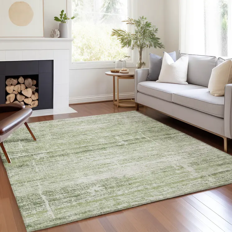 10' X 14' Artichoke Green And Ivory Abstract Washable Indoor Outdoor Area Rug