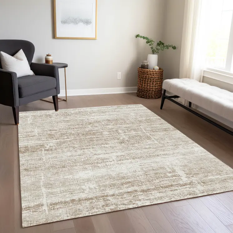 3' X 5' Beige Taupe And Ivory Abstract Washable Indoor Outdoor Area Rug