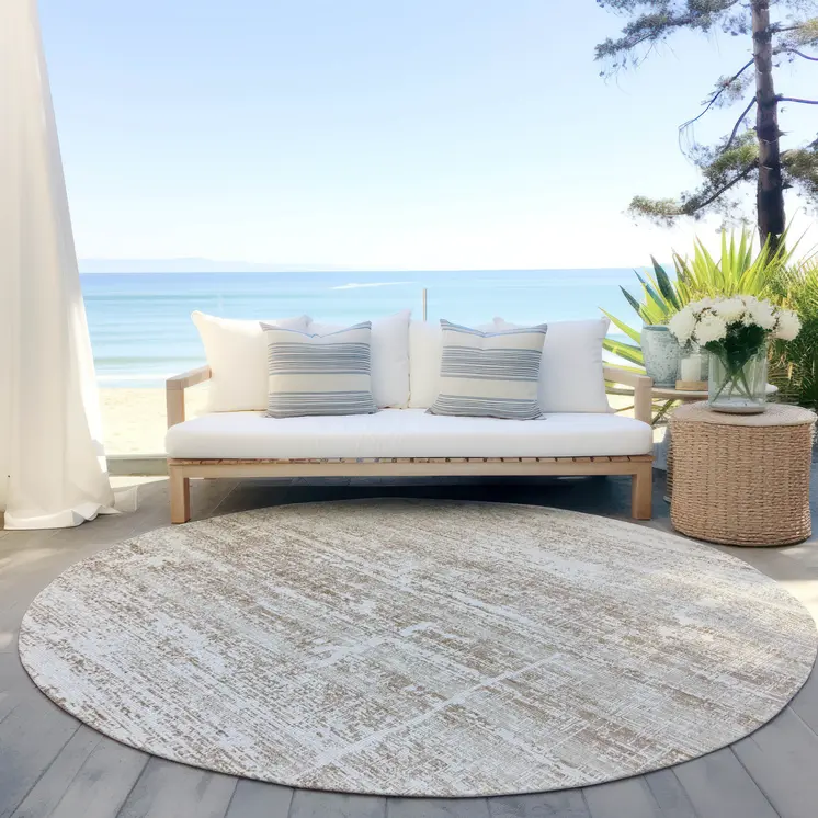 8' Beige Taupe And Ivory Round Abstract Washable Indoor Outdoor Area Rug