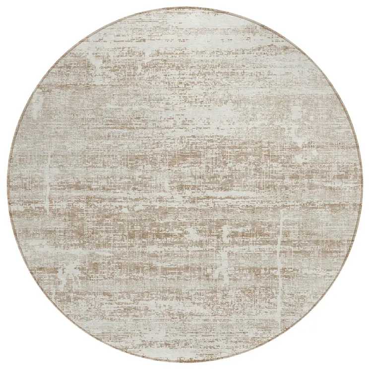 8' Beige Taupe And Ivory Round Abstract Washable Indoor Outdoor Area Rug