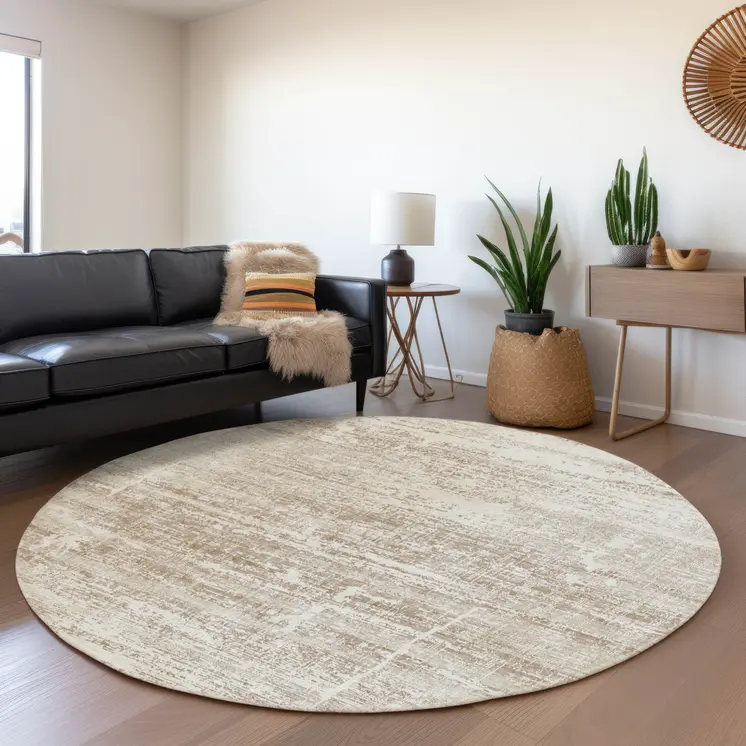 8' Beige Taupe And Ivory Round Abstract Washable Indoor Outdoor Area Rug