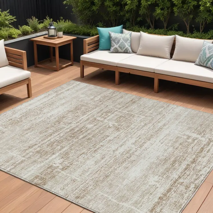 9' X 12' Beige Taupe And Ivory Abstract Washable Indoor Outdoor Area Rug