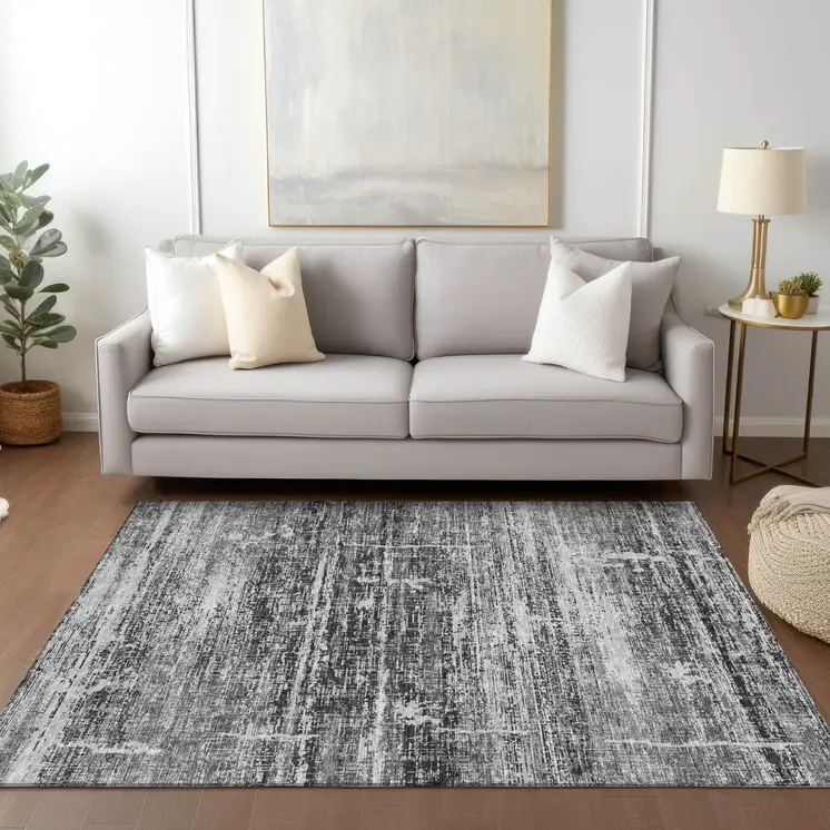3' X 5' Black Gray And Charcoal Abstract Washable Indoor Outdoor Area Rug