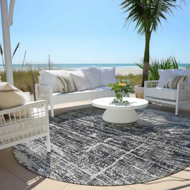 8' Black Gray And Charcoal Round Abstract Washable Indoor Outdoor Area Rug