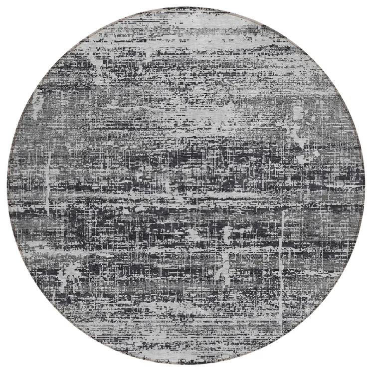 8' Black Gray And Charcoal Round Abstract Washable Indoor Outdoor Area Rug