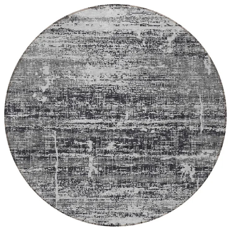 8' Black Gray And Charcoal Round Abstract Washable Indoor Outdoor Area Rug