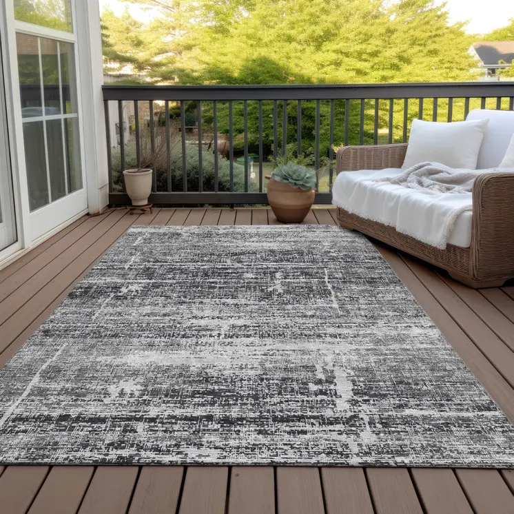 8' X 10' Black Gray And Charcoal Abstract Washable Indoor Outdoor Area Rug