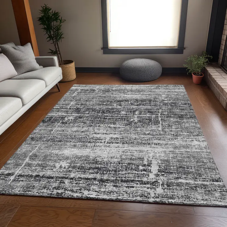 10' X 14' Black Gray And Charcoal Abstract Washable Indoor Outdoor Area Rug