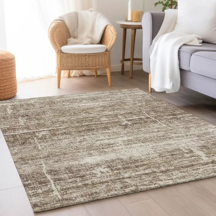 3' X 5' Brown Beige And Taupe Abstract Washable Indoor Outdoor Area Rug