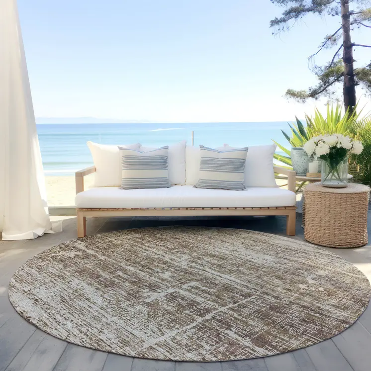 8' Brown Beige And Taupe Round Abstract Washable Indoor Outdoor Area Rug