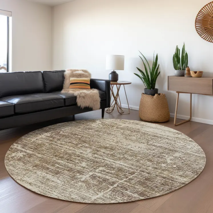 8' Brown Beige And Taupe Round Abstract Washable Indoor Outdoor Area Rug