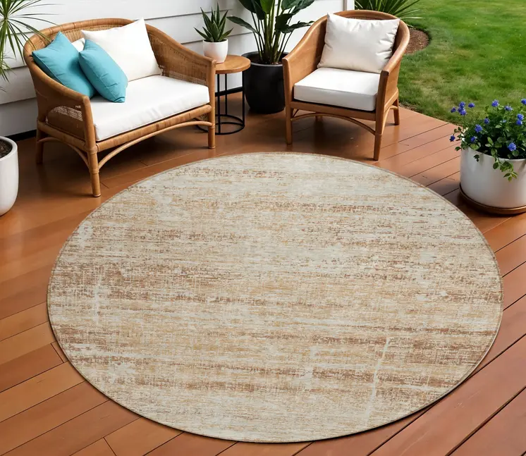 8' Copper Beige And Taupe Round Abstract Washable Indoor Outdoor Area Rug