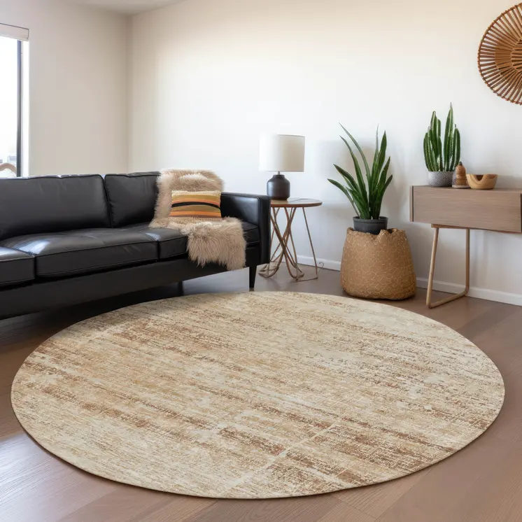 8' Copper Beige And Taupe Round Abstract Washable Indoor Outdoor Area Rug