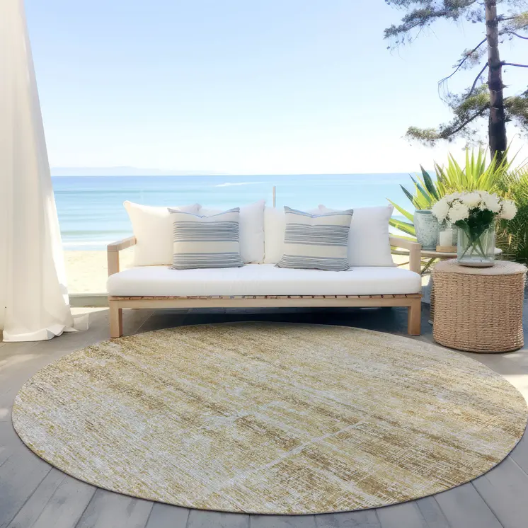 8' Gold Beige And Wheat Round Abstract Washable Indoor Outdoor Area Rug