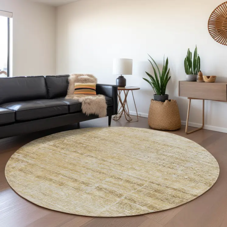 8' Gold Beige And Wheat Round Abstract Washable Indoor Outdoor Area Rug