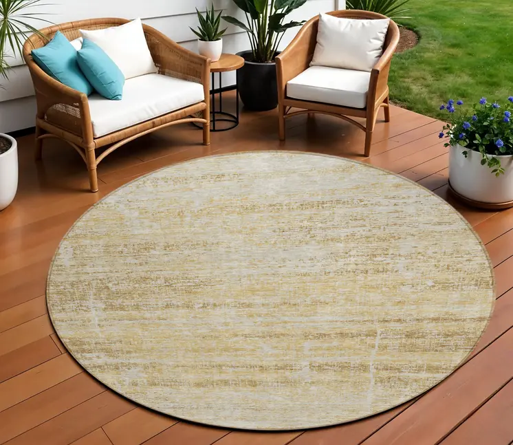 8' Gold Beige And Wheat Round Abstract Washable Indoor Outdoor Area Rug
