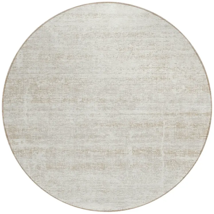 8' Ivory Beige And Tan Round Abstract Washable Indoor Outdoor Area Rug