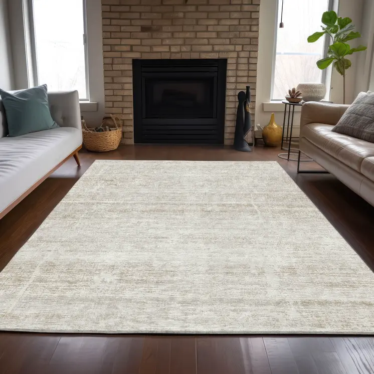 9' X 12' Ivory Beige And Tan Abstract Washable Indoor Outdoor Area Rug