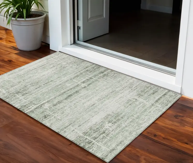 3' X 5' Sage Artichoke Green And Ivory Abstract Washable Indoor Outdoor Area Rug