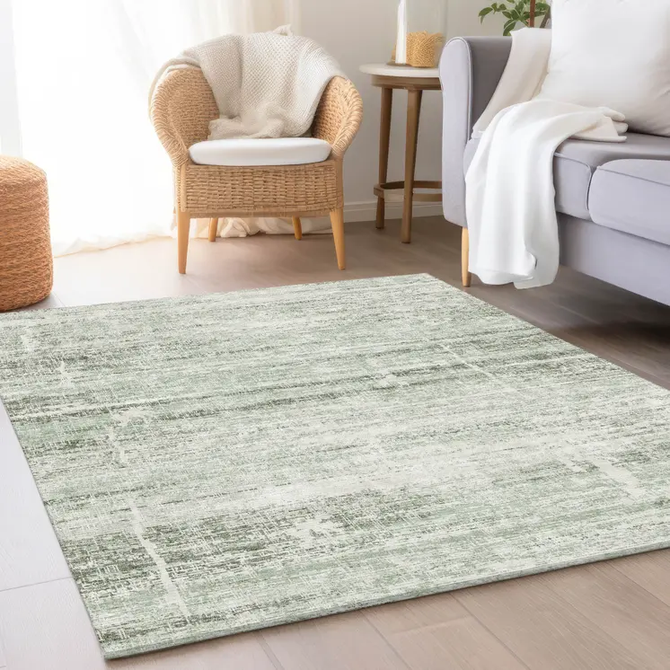 3' X 5' Sage Artichoke Green And Ivory Abstract Washable Indoor Outdoor Area Rug
