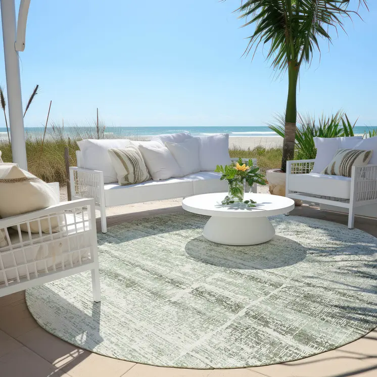 8' Sage Artichoke Green And Ivory Round Abstract Washable Indoor Outdoor Area Rug