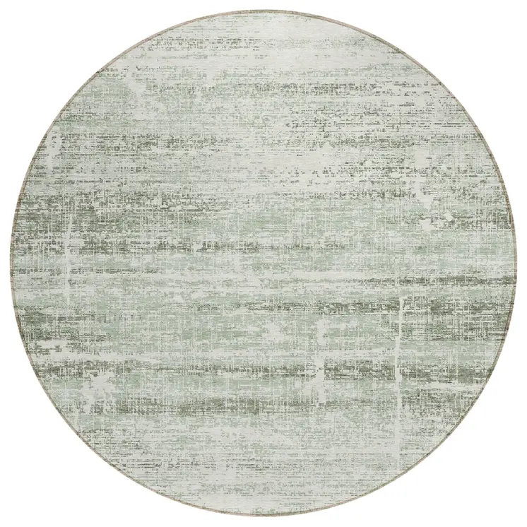 8' Sage Artichoke Green And Ivory Round Abstract Washable Indoor Outdoor Area Rug