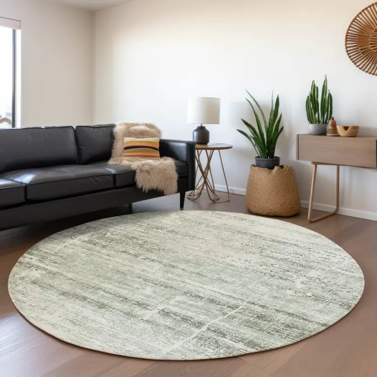 8' Sage Artichoke Green And Ivory Round Abstract Washable Indoor Outdoor Area Rug