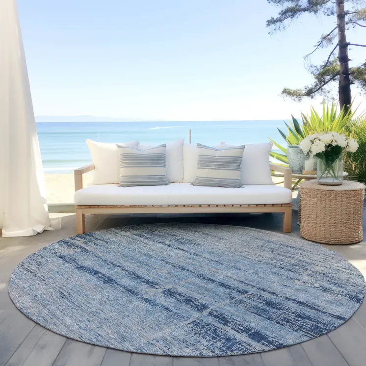 8' Sky Blue And Navy Blue Round Abstract Washable Indoor Outdoor Area Rug