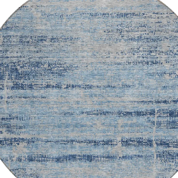 8' Sky Blue And Navy Blue Round Abstract Washable Indoor Outdoor Area Rug