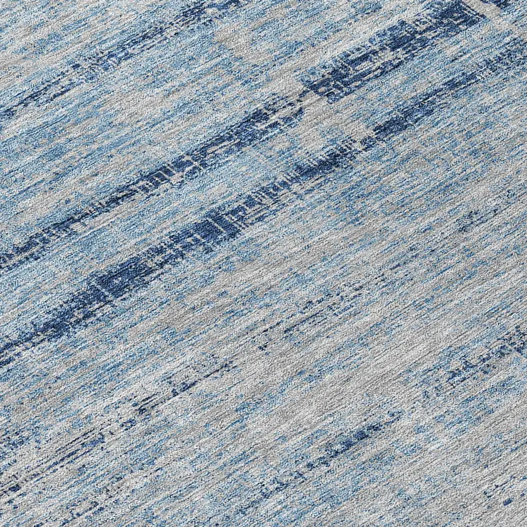 8' Sky Blue And Navy Blue Round Abstract Washable Indoor Outdoor Area Rug