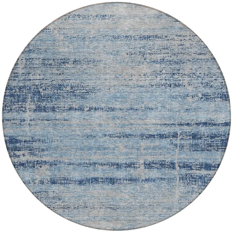 8' Sky Blue And Navy Blue Round Abstract Washable Indoor Outdoor Area Rug