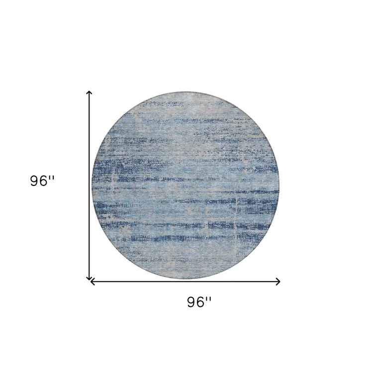 8' Sky Blue And Navy Blue Round Abstract Washable Indoor Outdoor Area Rug