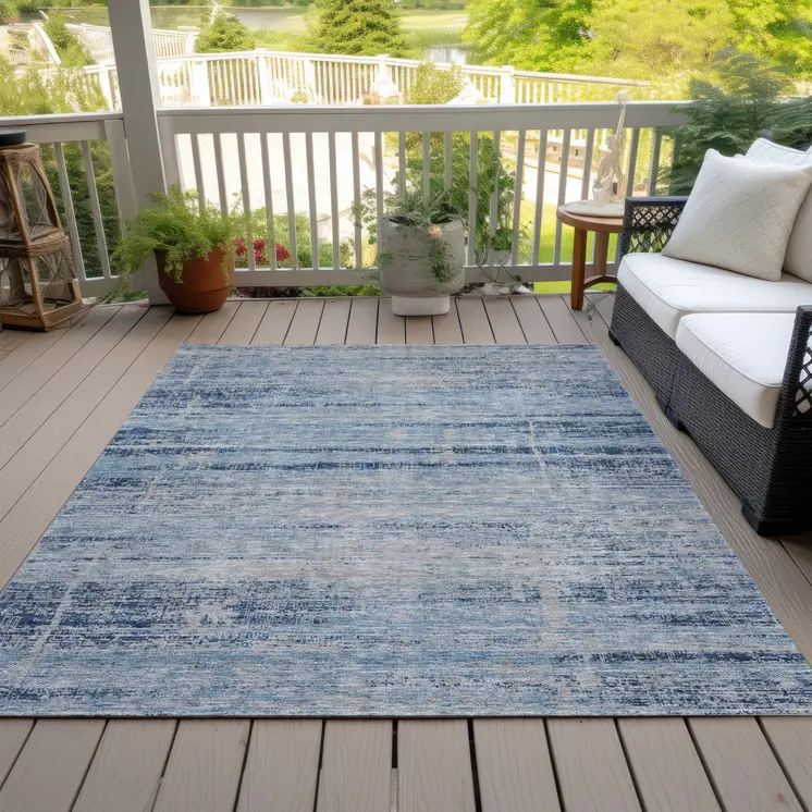 8' X 10' Sky Blue And Navy Blue Abstract Washable Indoor Outdoor Area Rug
