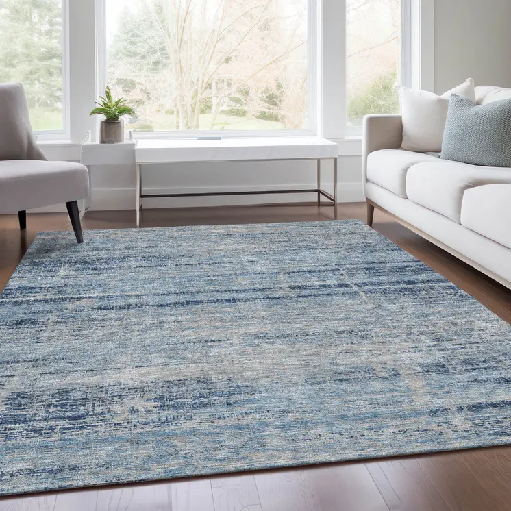 10' X 14' Sky Blue And Navy Blue Abstract Washable Indoor Outdoor Area Rug