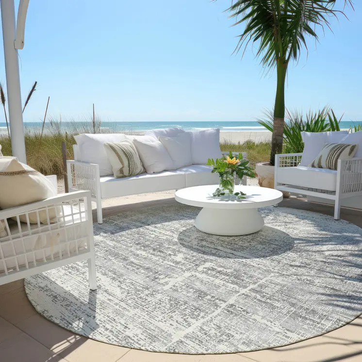 8' Silver Gray And Charcoal Round Abstract Washable Indoor Outdoor Area Rug