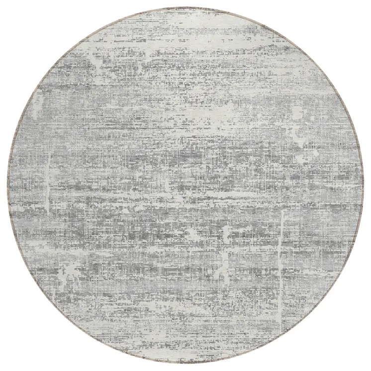 8' Silver Gray And Charcoal Round Abstract Washable Indoor Outdoor Area Rug