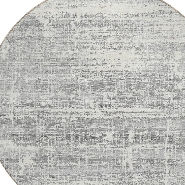 8' Silver Gray And Charcoal Round Abstract Washable Indoor Outdoor Area Rug