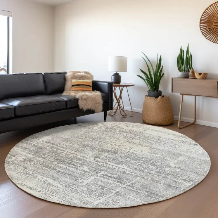 8' Silver Gray And Charcoal Round Abstract Washable Indoor Outdoor Area Rug