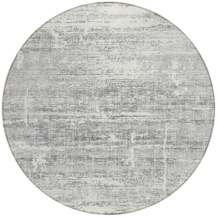 8' Silver Gray And Charcoal Round Abstract Washable Indoor Outdoor Area Rug