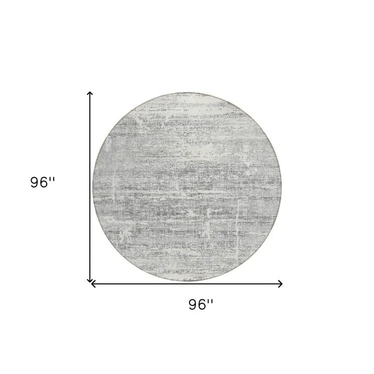 8' Silver Gray And Charcoal Round Abstract Washable Indoor Outdoor Area Rug