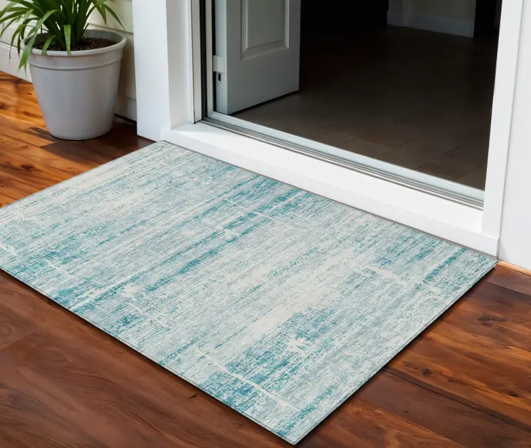 3' X 5' Teal Blue Aqua And Ivory Abstract Washable Indoor Outdoor Area Rug