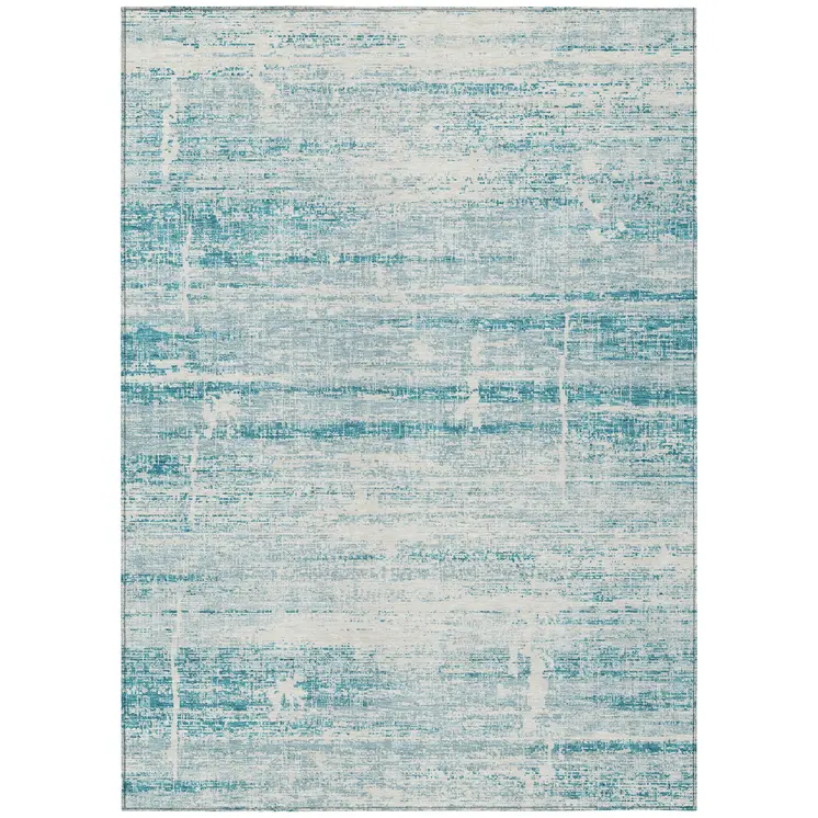 3' X 5' Teal Blue Aqua And Ivory Abstract Washable Indoor Outdoor Area Rug